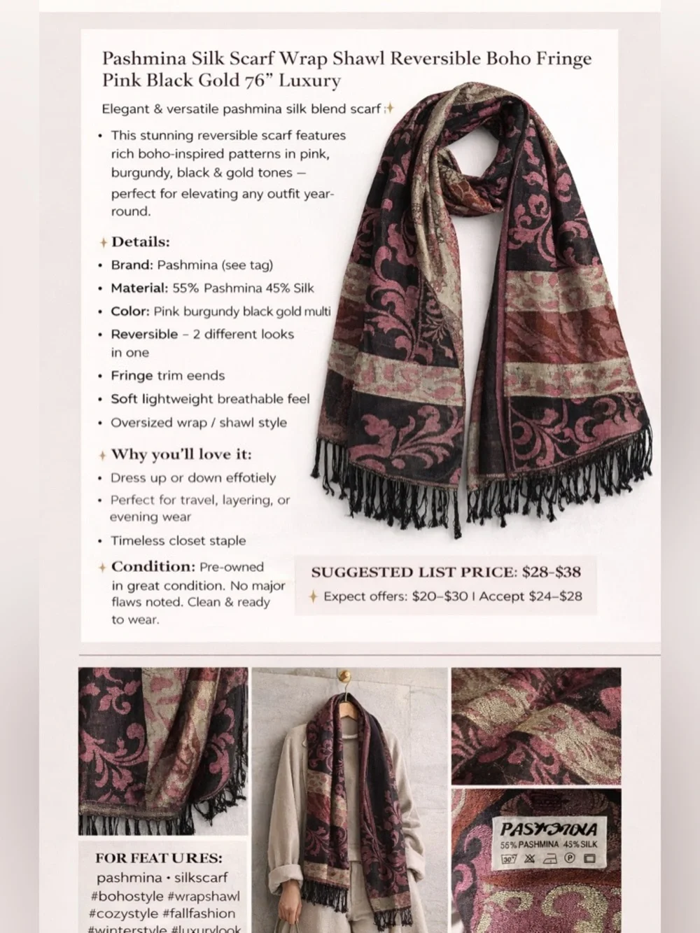 Pashmina Silk Scarf Wrap Shawl Reversible Boho Fringe Luxury Poncho Festival OS